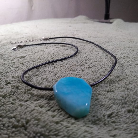Aqua Blue Quartz stone necklace 16 inch unisex with adjustable chain rope - Picture 1 of 4